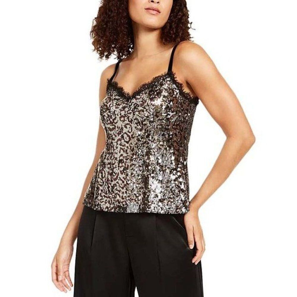 Nanette Lepore Black Leopard Sequin Lace-Trim Camisole